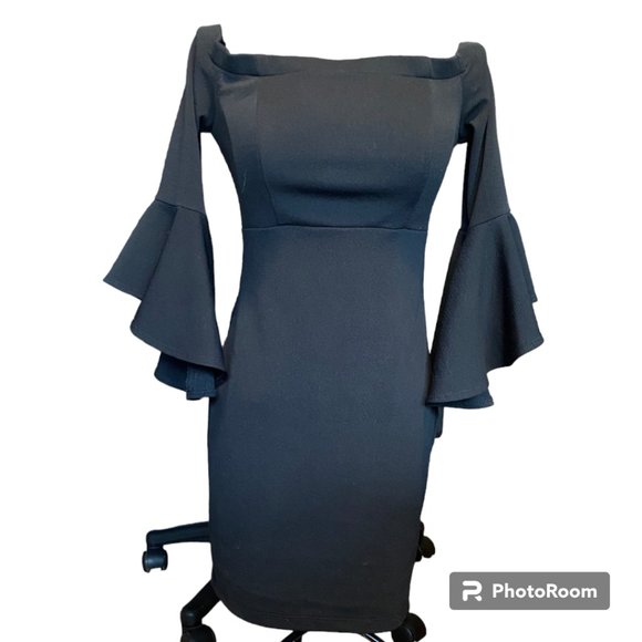 TEEZE ME Womens Black Bell Sleeve Off Shoulder Mini Party Bodycon Dress sz J5 - Picture 3 of 12